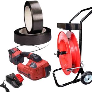 Akumulátorová páskovačka ARGON 10-16 mm PET/PP, batéria, nabíjačka, PP páska 12 mm, páskovací vozík